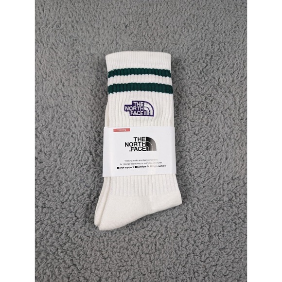 The North Face Crew Socks Mens Large 9-11 White Green Striped Embroidered Logo - Picture 1 of 3